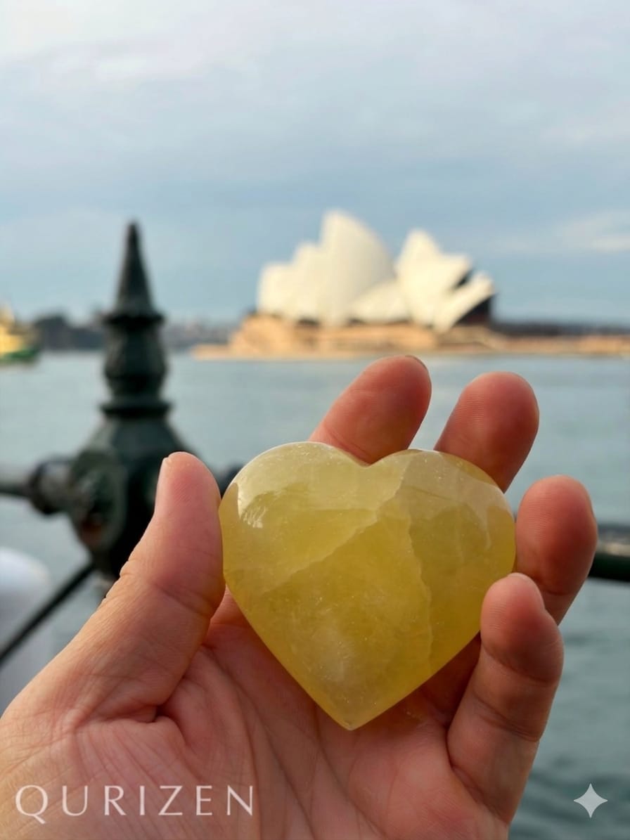 Heart-shaped stone held in front of the Sydney Opera House
