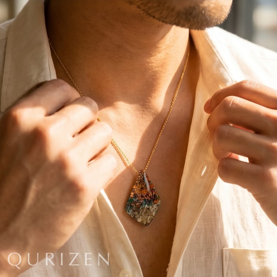 Man wearing a gold necklace with a colorful pendant, brand 'Qurizen' visible.