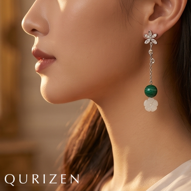 Malachite & Rose Quartz Floral Drop Earrings