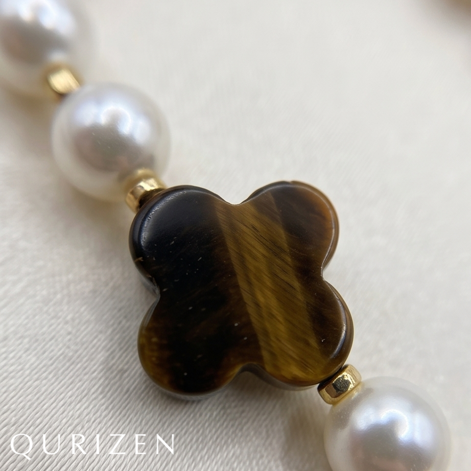 Handcrafted Freshwater Pearl & Tiger's Eye Clover Bracelet