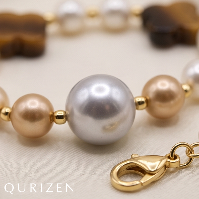 Handcrafted Freshwater Pearl & Tiger's Eye Clover Bracelet
