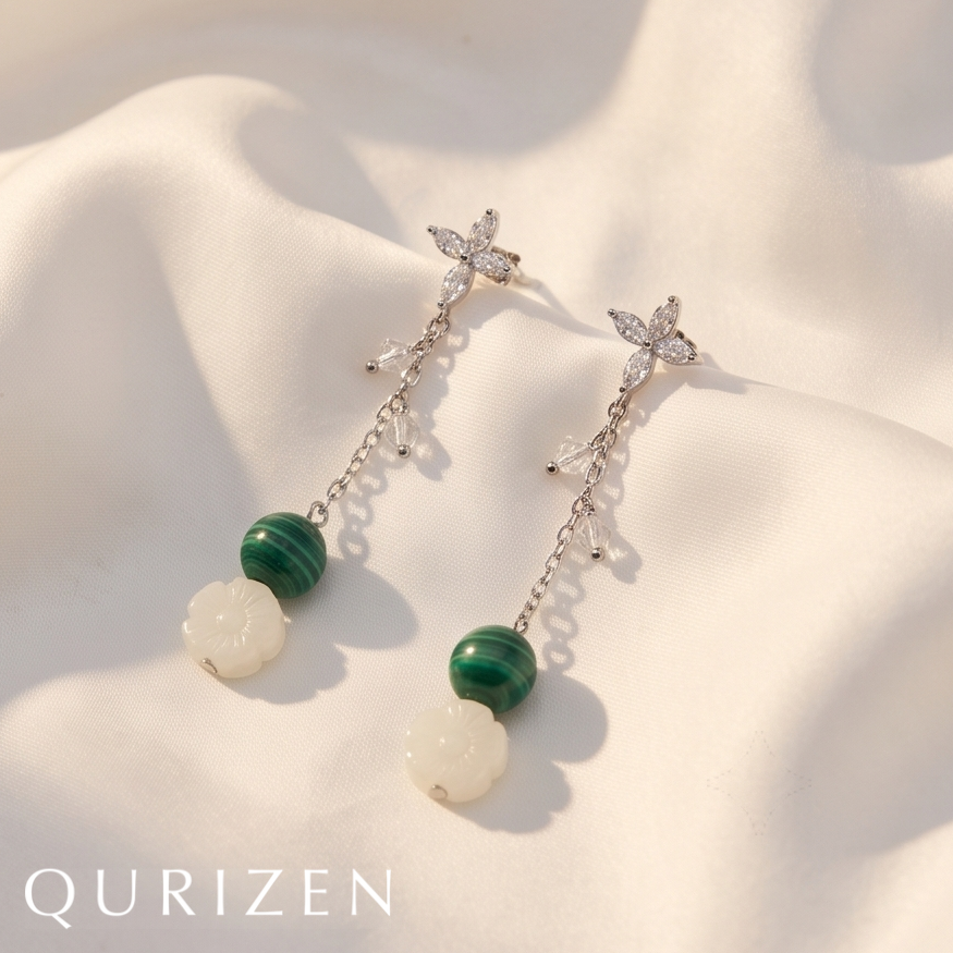 Malachite & Rose Quartz Floral Drop Earrings
