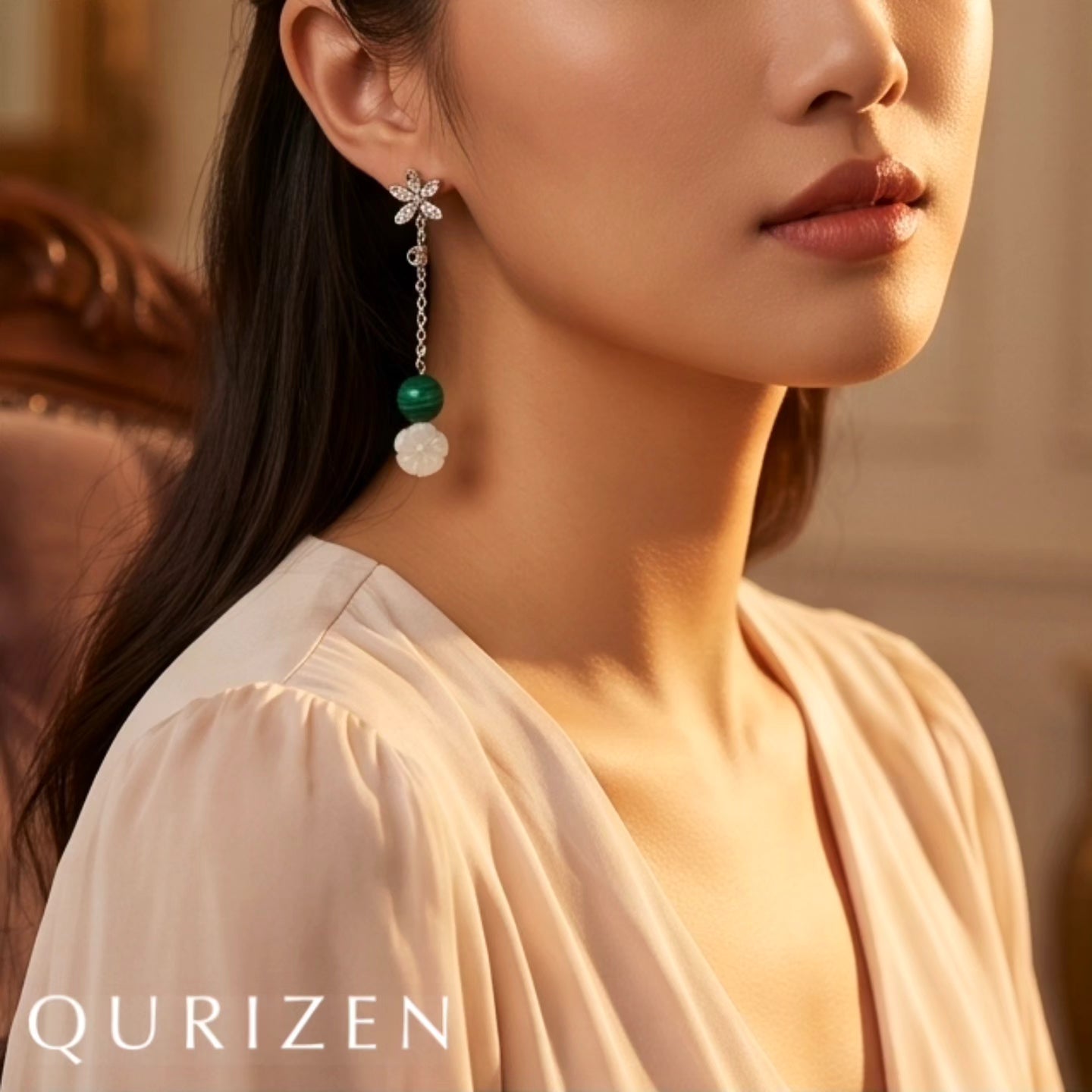 Malachite & Rose Quartz Floral Drop Earrings